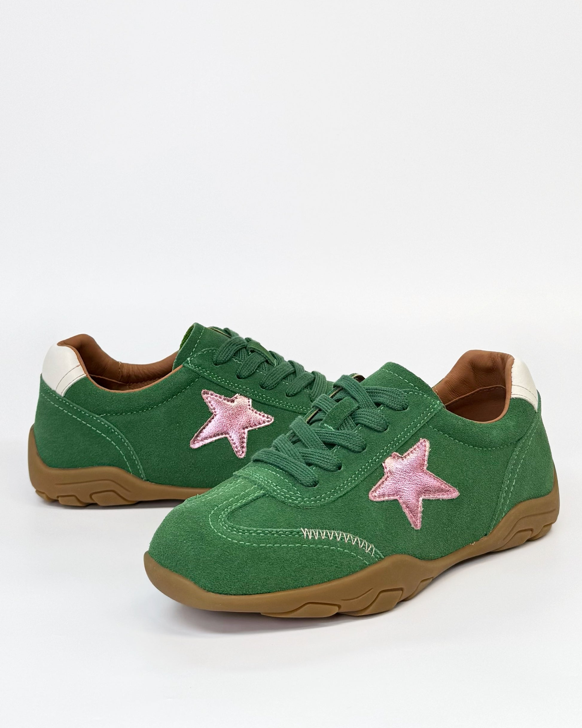 Alfie & Evie Truce Women's Lace-up Sneaker Green Suede with Pink Star | Women's Shoes | Gretel Lane