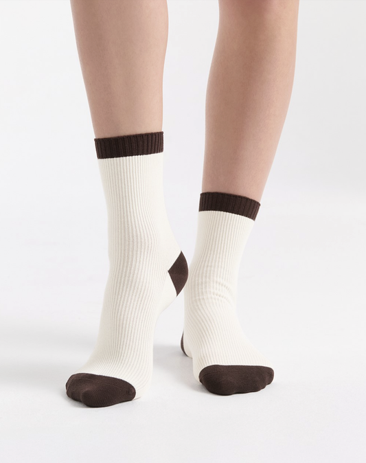 Ambra Two Tone Rib Crew Sock in Buttercream/Brown | Women's Socks | Gretel Lane