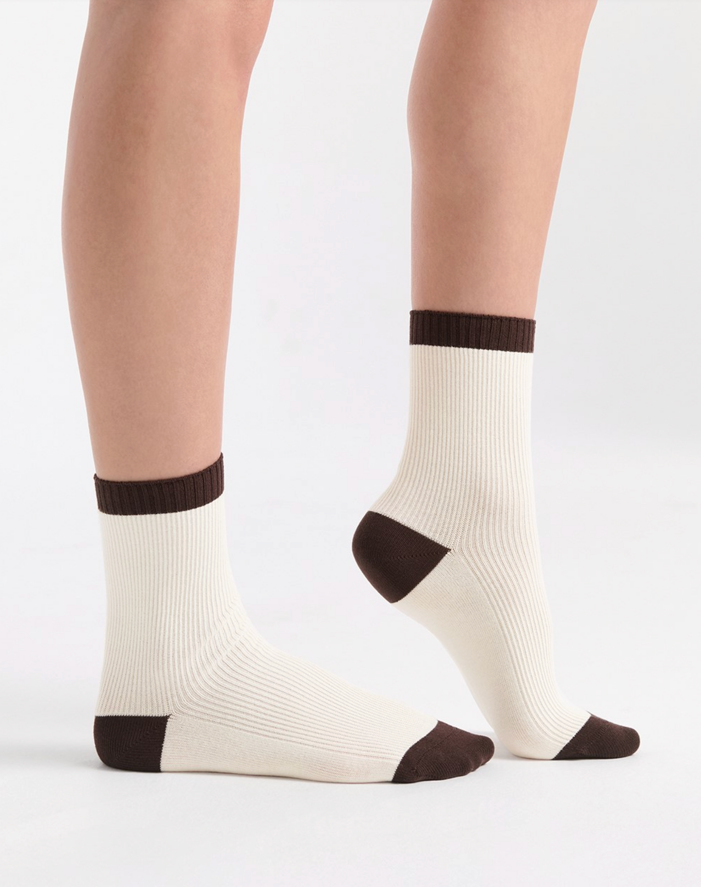 Ambra Two Tone Rib Crew Sock in Buttercream/Brown | Women's Socks | Gretel Lane