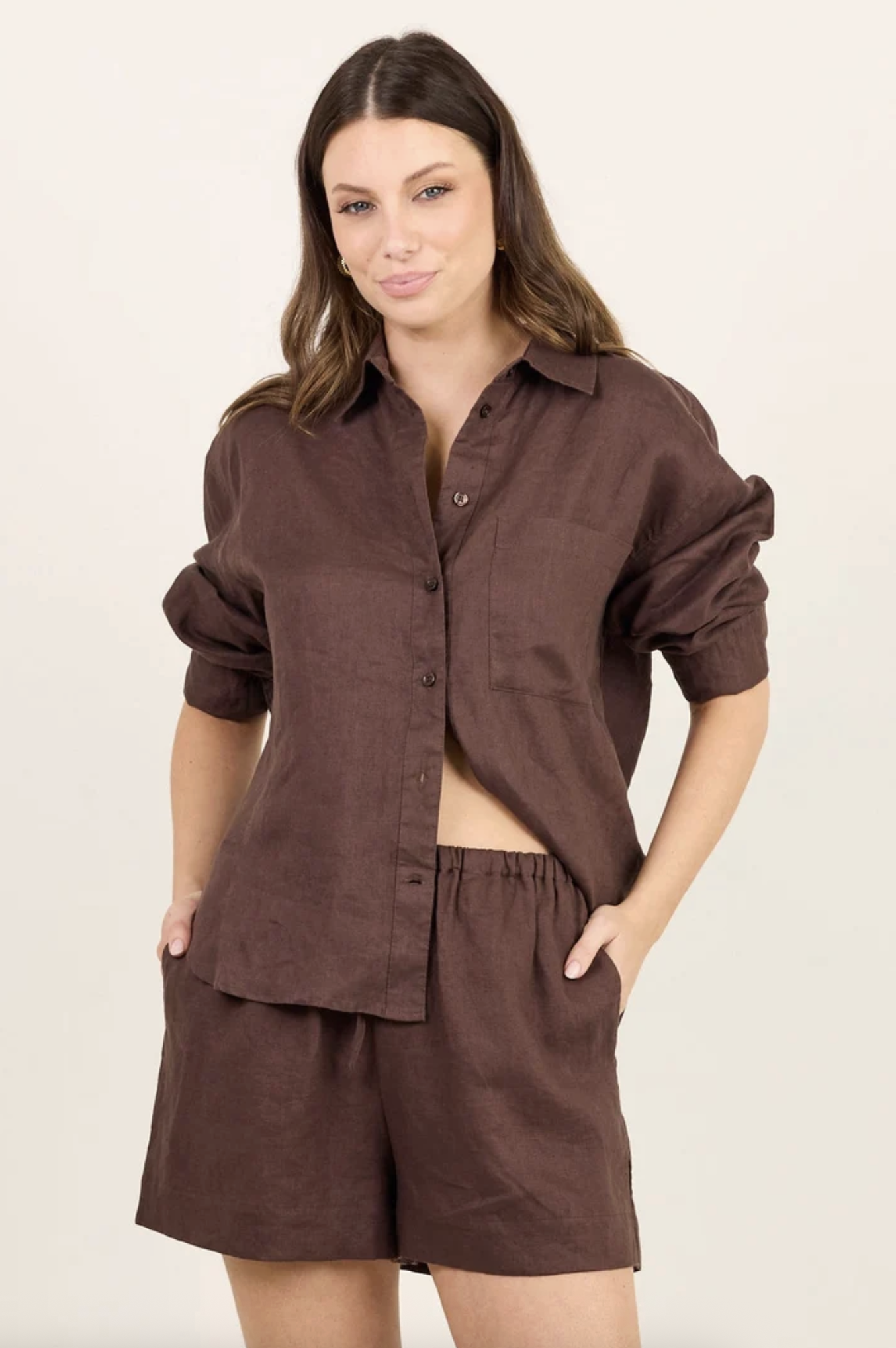 RE:UNION Uplifted Linen Oversized Button Through Shirt Dark Chocolate | Women's Clothing | Gretel Lane
