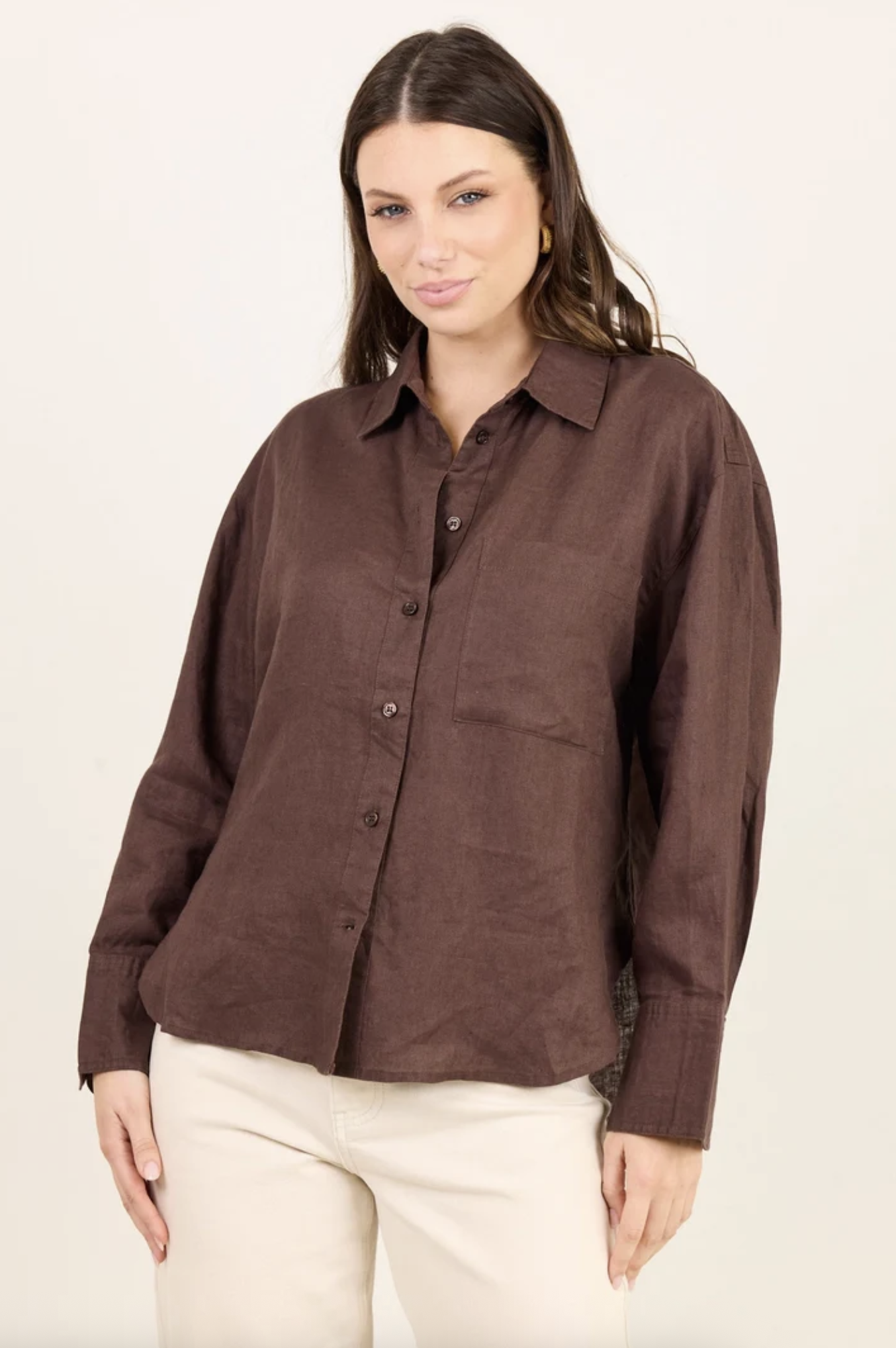 RE:UNION Uplifted Linen Oversized Button Through Shirt Dark Chocolate | Women's Clothing | Gretel Lane