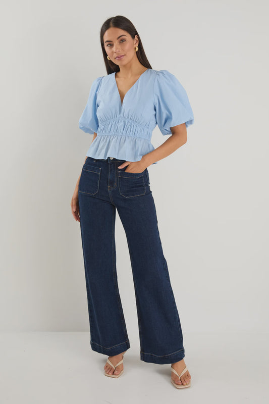 Vexing Puff Sleeve V Top (Ice Blue)