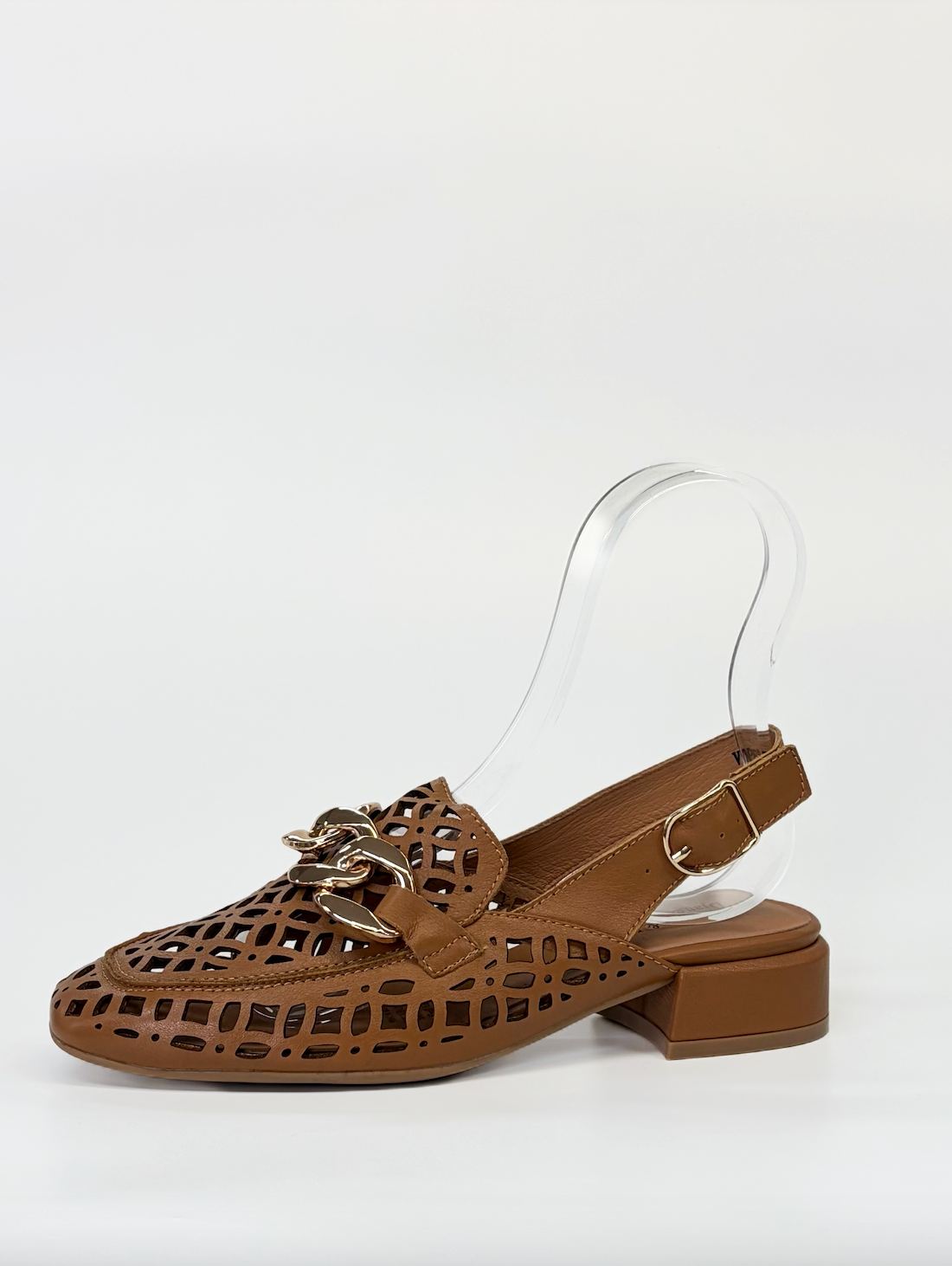 Django & Juliette Vooper Heeled Laser Cut Leather Slingback Loafer Dark Tan | Women's Footwear | Gretel Lane