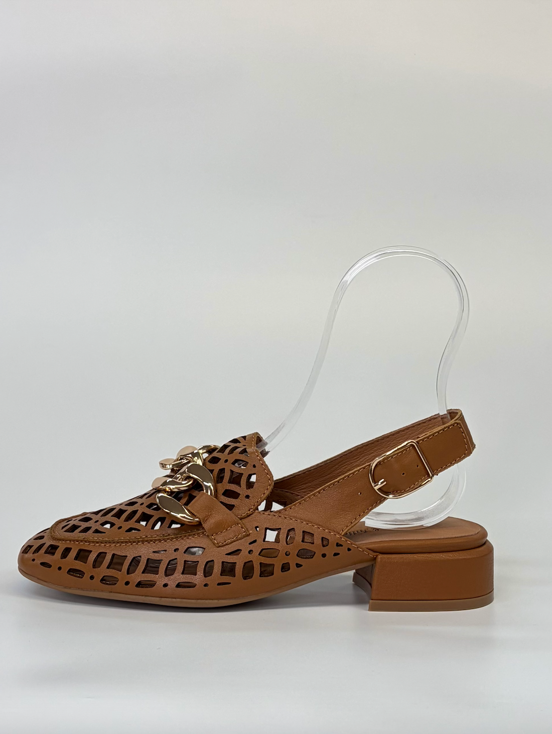 Django & Juliette Vooper Heeled Laser Cut Leather Slingback Loafer Dark Tan | Women's Footwear | Gretel Lane
