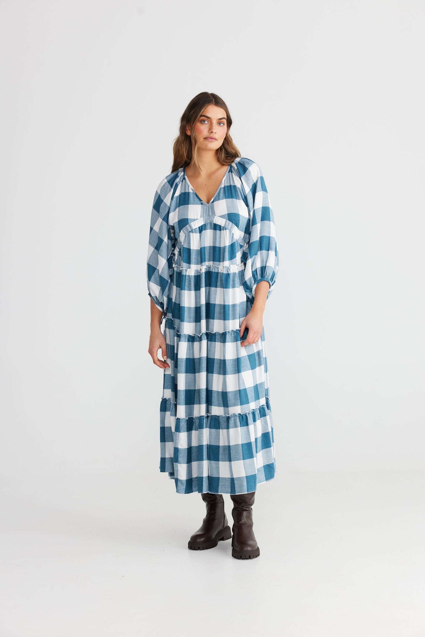 Wing and a Prayer Maxi Dress (Blue Steel Check)