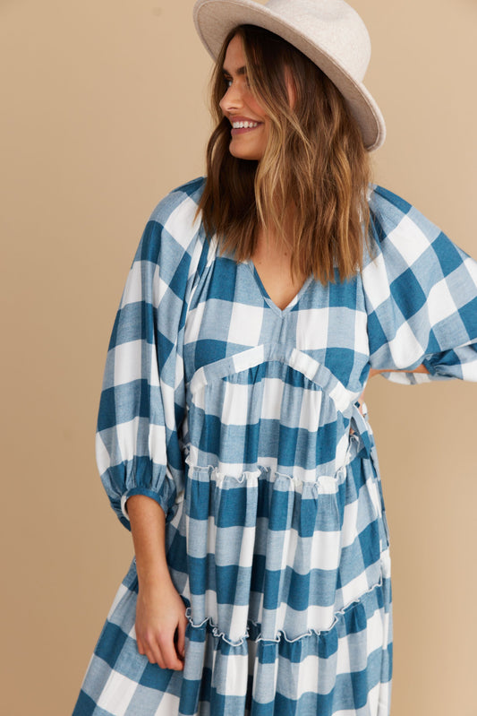 Wing and a Prayer Maxi Dress (Blue Steel Check)