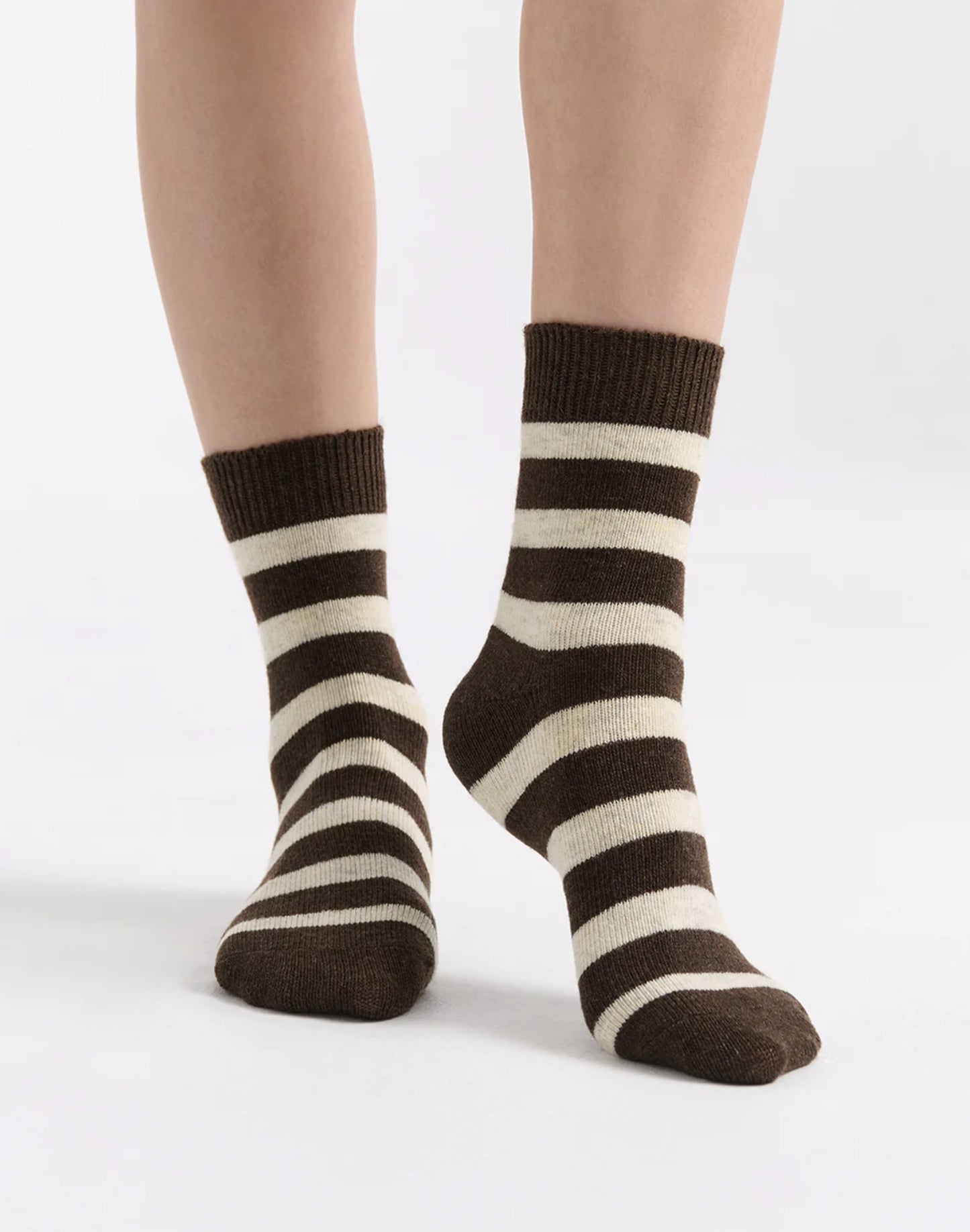Ambra Winter Stripe Crew Sock in Coffee & Cream | Women's Socks | Gretel Lane