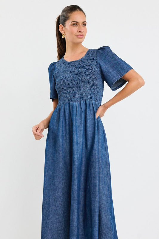 Wren SS Shirred Bodice Midi Dress (Storm Blue)