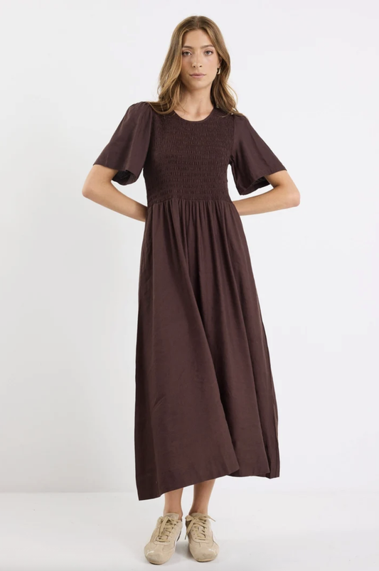 RE:UNION Wren Shirred Bodice Midi Dress Chocolate Linen Blend | Women's Dresses | Gretel Lane