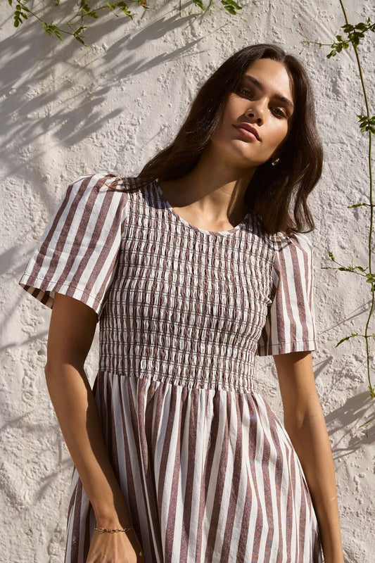 Wren Cotton SS Shirred Bodice Midi Dress (Chocolate Stripe)