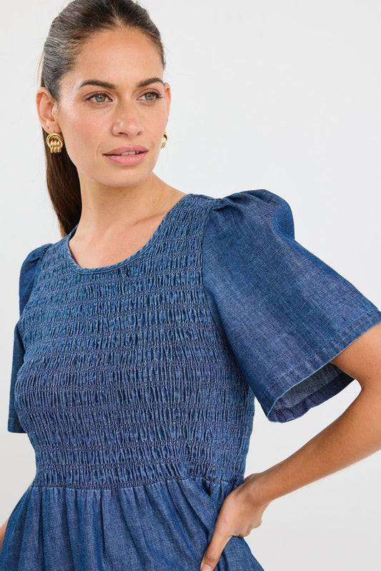 Wren SS Shirred Bodice Midi Dress (Storm Blue)