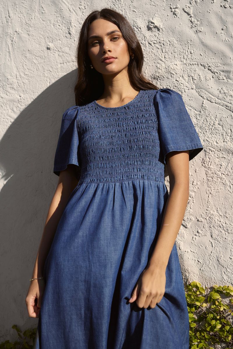 Wren SS Shirred Bodice Midi Dress (Storm Blue)