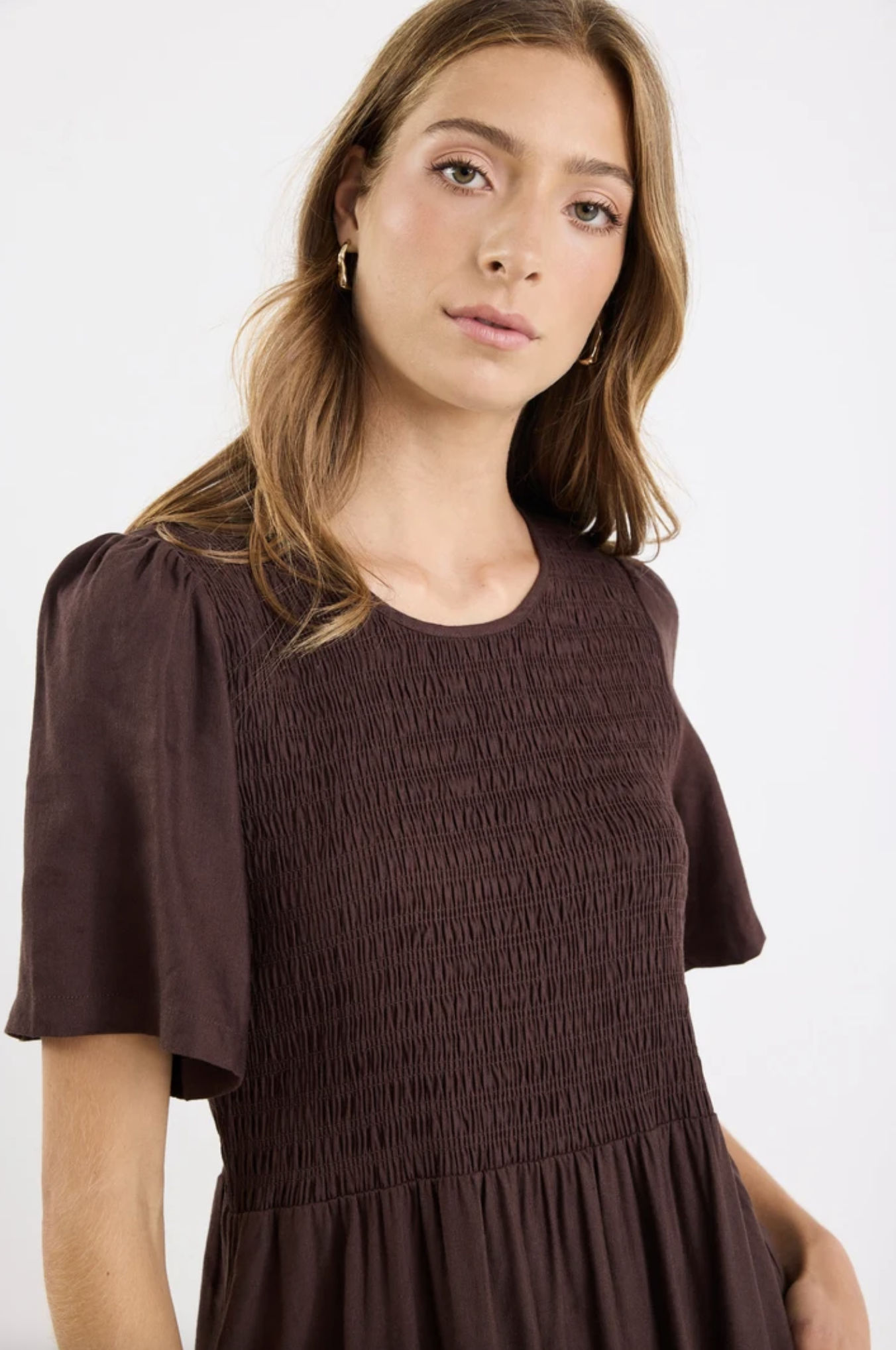 RE:UNION Wren Shirred Bodice Midi Dress Chocolate Linen Blend | Women's Dresses | Gretel Lane
