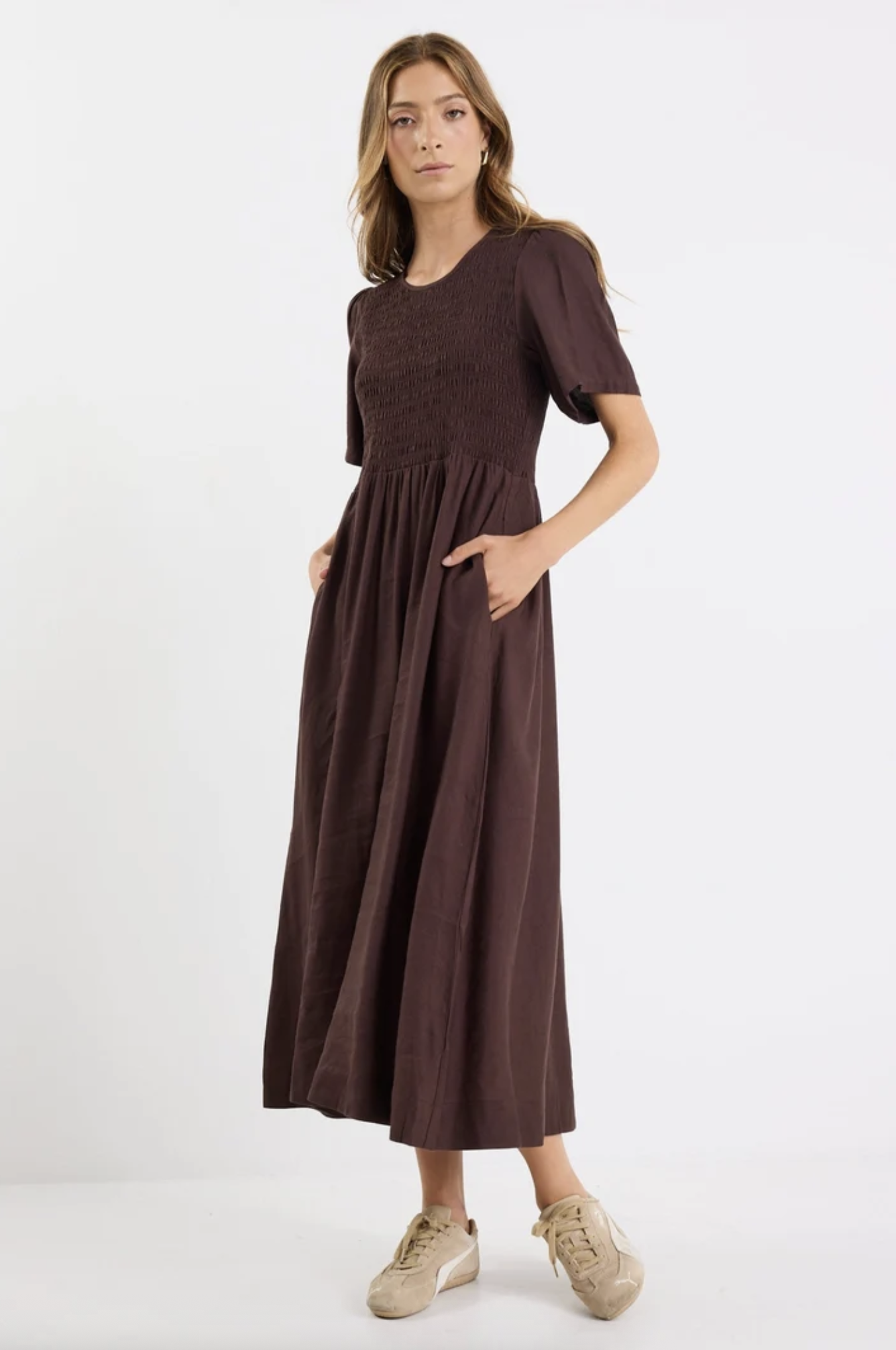 RE:UNION Wren Shirred Bodice Midi Dress Chocolate Linen Blend | Women's Dresses | Gretel Lane
