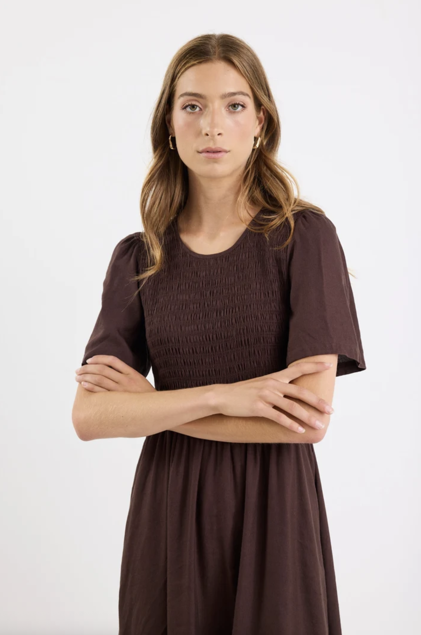 RE:UNION Wren Shirred Bodice Midi Dress Chocolate Linen Blend | Women's Dresses | Gretel Lane