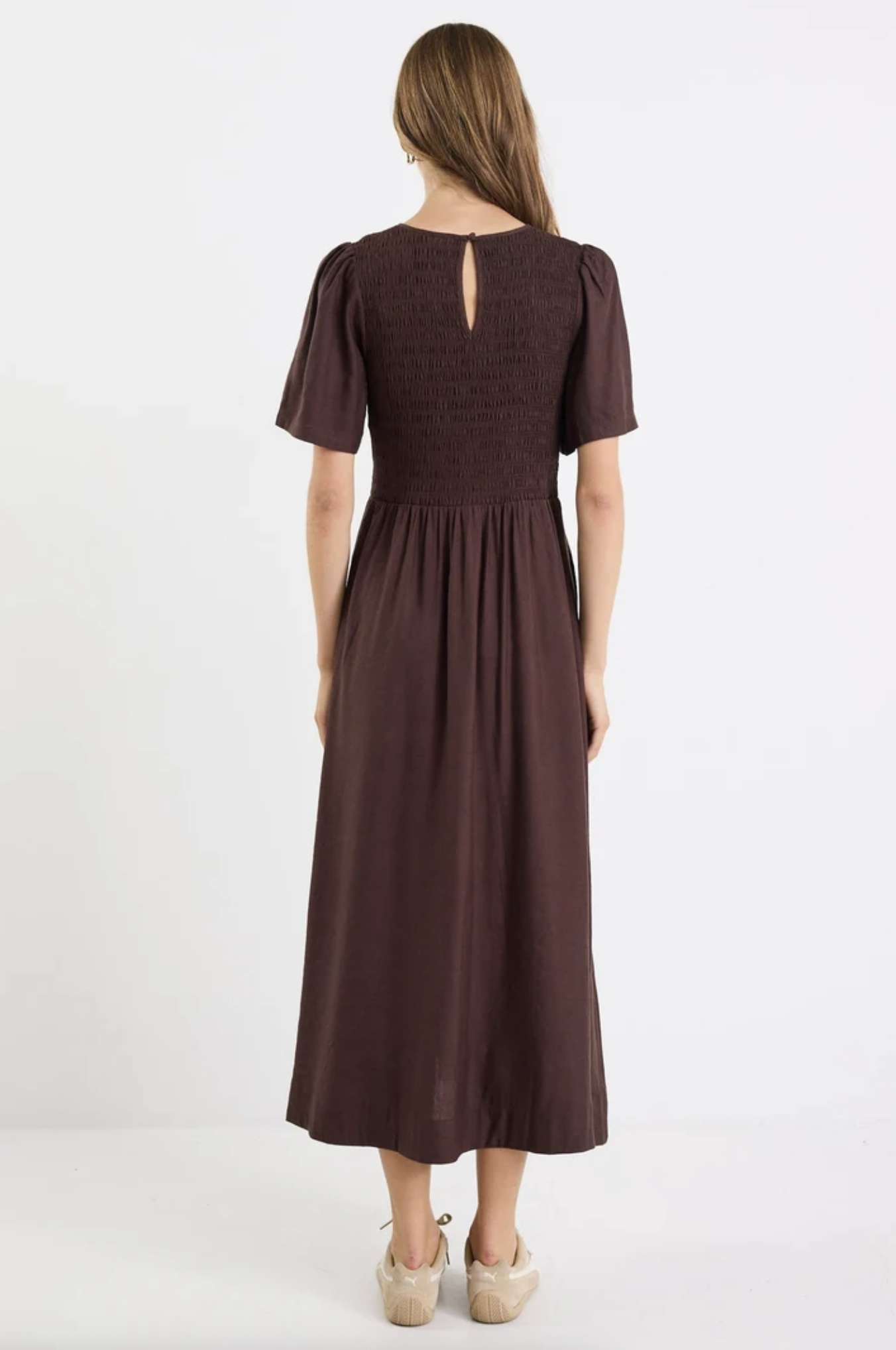 RE:UNION Wren Shirred Bodice Midi Dress Chocolate Linen Blend | Women's Dresses | Gretel Lane