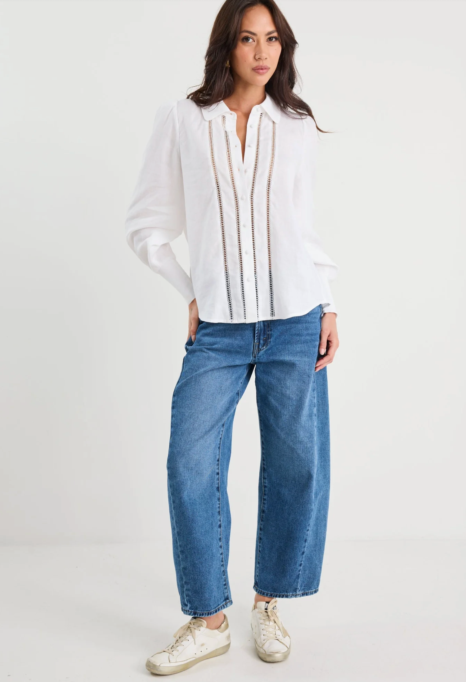 By Rosa Zinnia Ramie Lace Trim Long Sleeve Shirt in White | Women's Tops | Gretel Lane