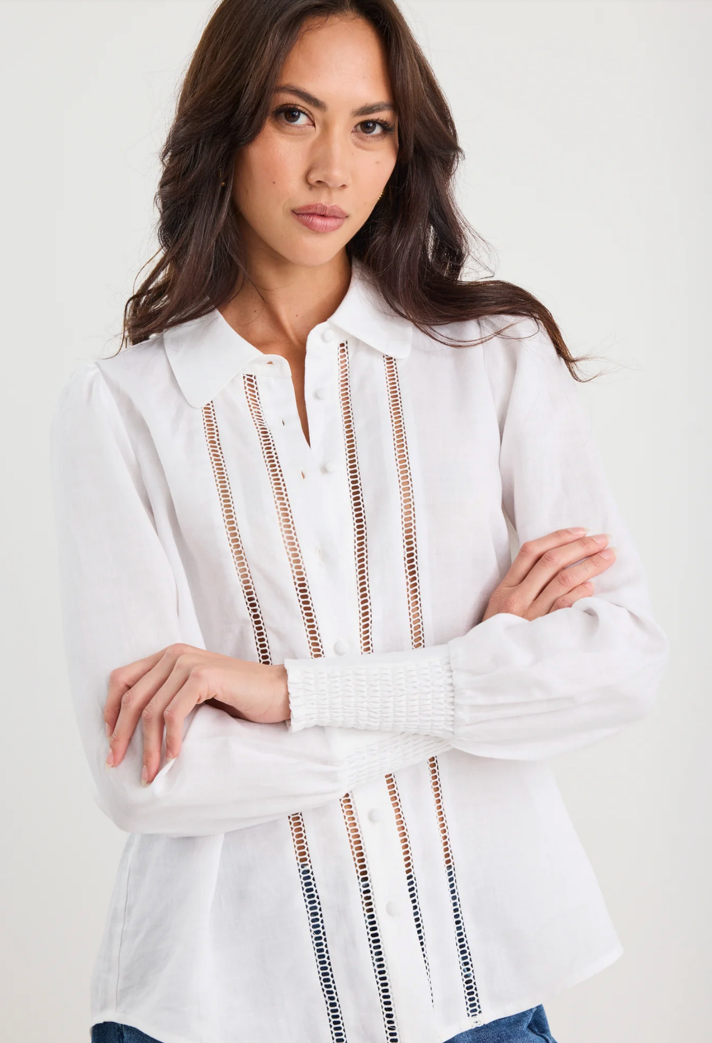 By Rosa Zinnia Ramie Lace Trim Long Sleeve Shirt in White | Women's Tops | Gretel Lane