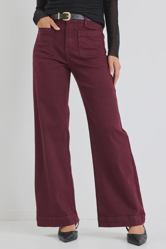 Zoey High Rise Wide Leg Jean (Burgundy)