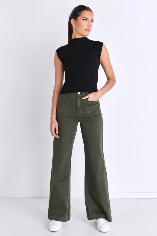 Zoey High Rise Wide Leg Jean (Dark Khaki)