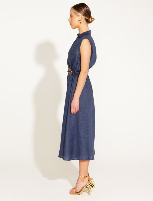 A Walk in the Park Linen Sleeveless Midi Dress (Navy)