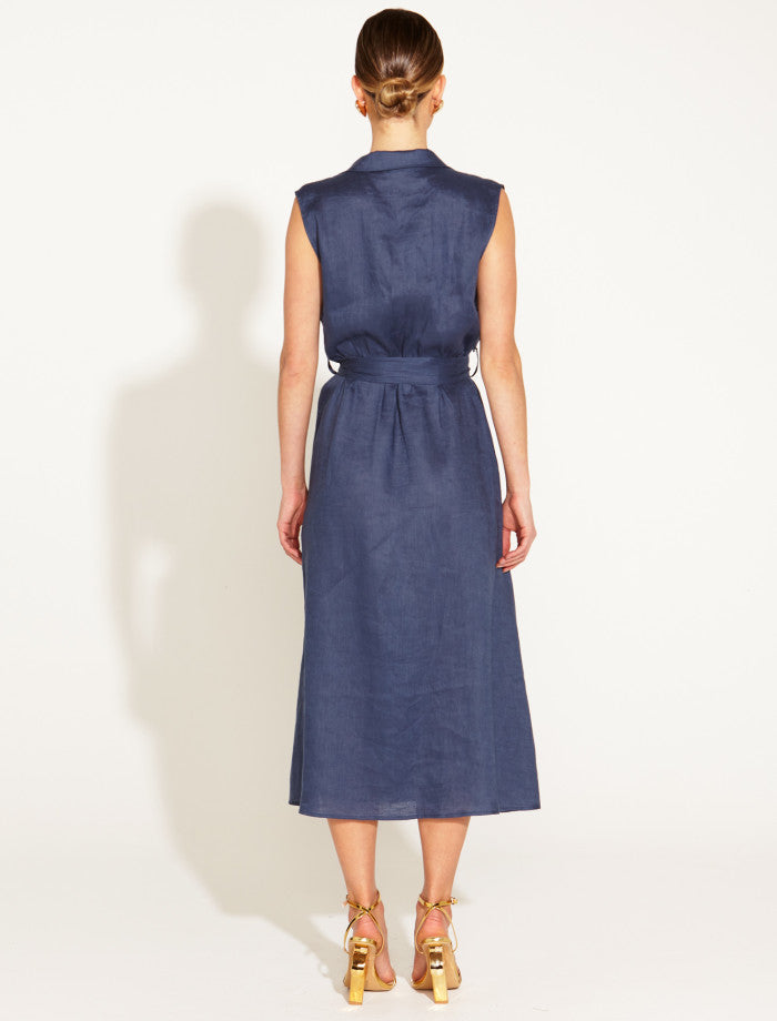 A Walk in the Park Linen Sleeveless Midi Dress (Navy)