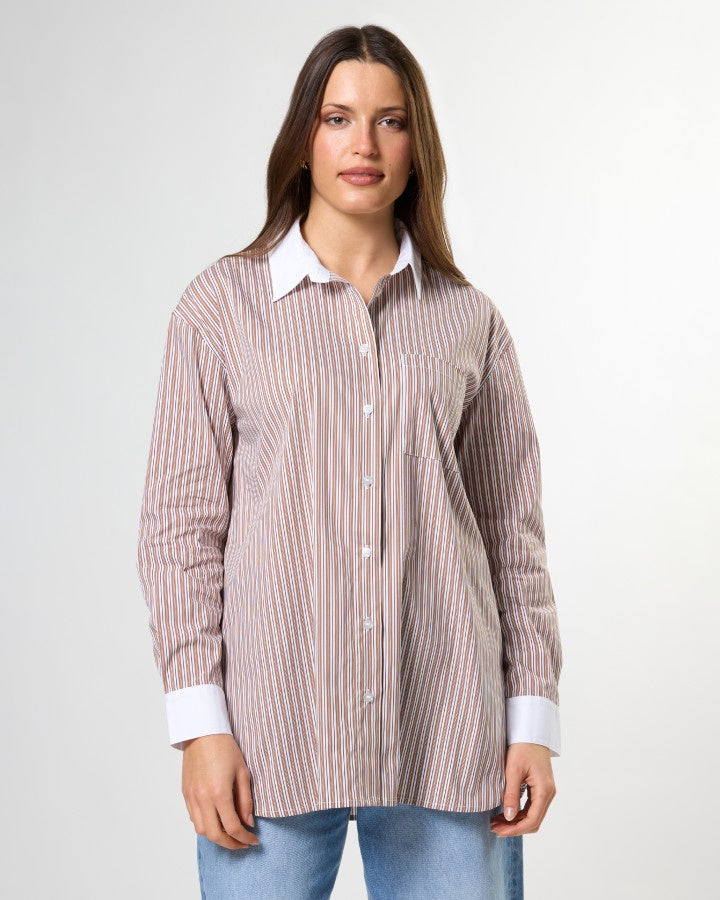 Stella + Gemma Connery Button Through Stripe Shirt in Boardroom Browns | Women's Shirts | Gretel Lane