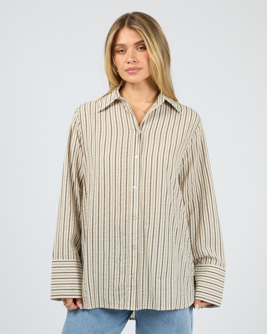 All About Eve Eva Seersucker Brown Stripe Shirt | Women's Clothing | Gretel Lane