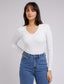 Eve Rib V Neck Long Sleeve Top (White)