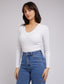 Eve Rib V Neck Long Sleeve Top (White)