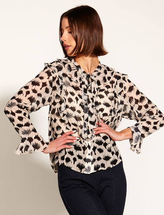 Fancy Like Frill Long Sleeve Blouse (Black/White Fan)