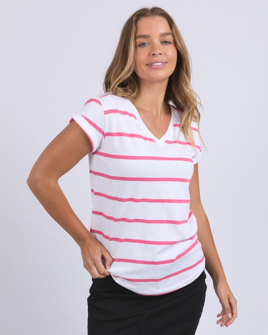 Manly Stripe Vee Tee (Hot Pink)