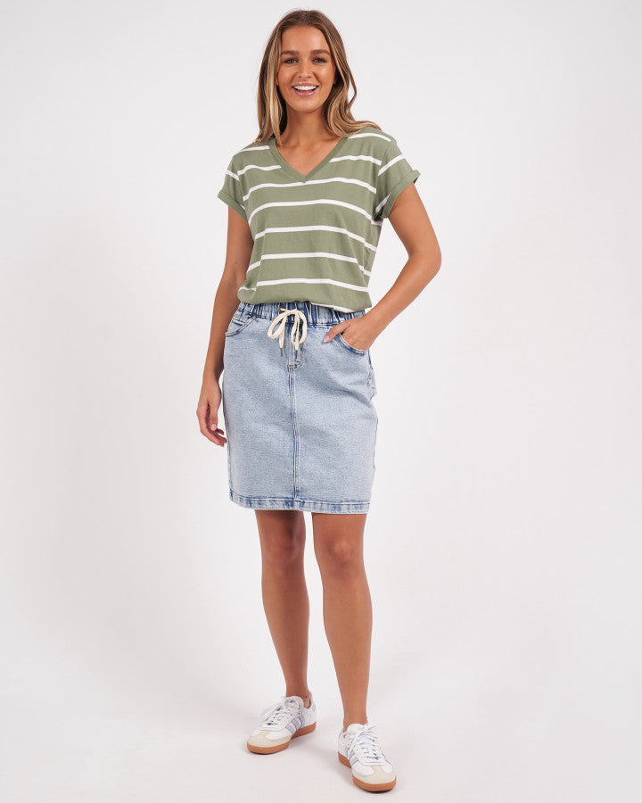 Foxwood Manly Stripe Vee Cotton Tee Sage/White Stripe | Women's T-Shirts | Gretel Lane