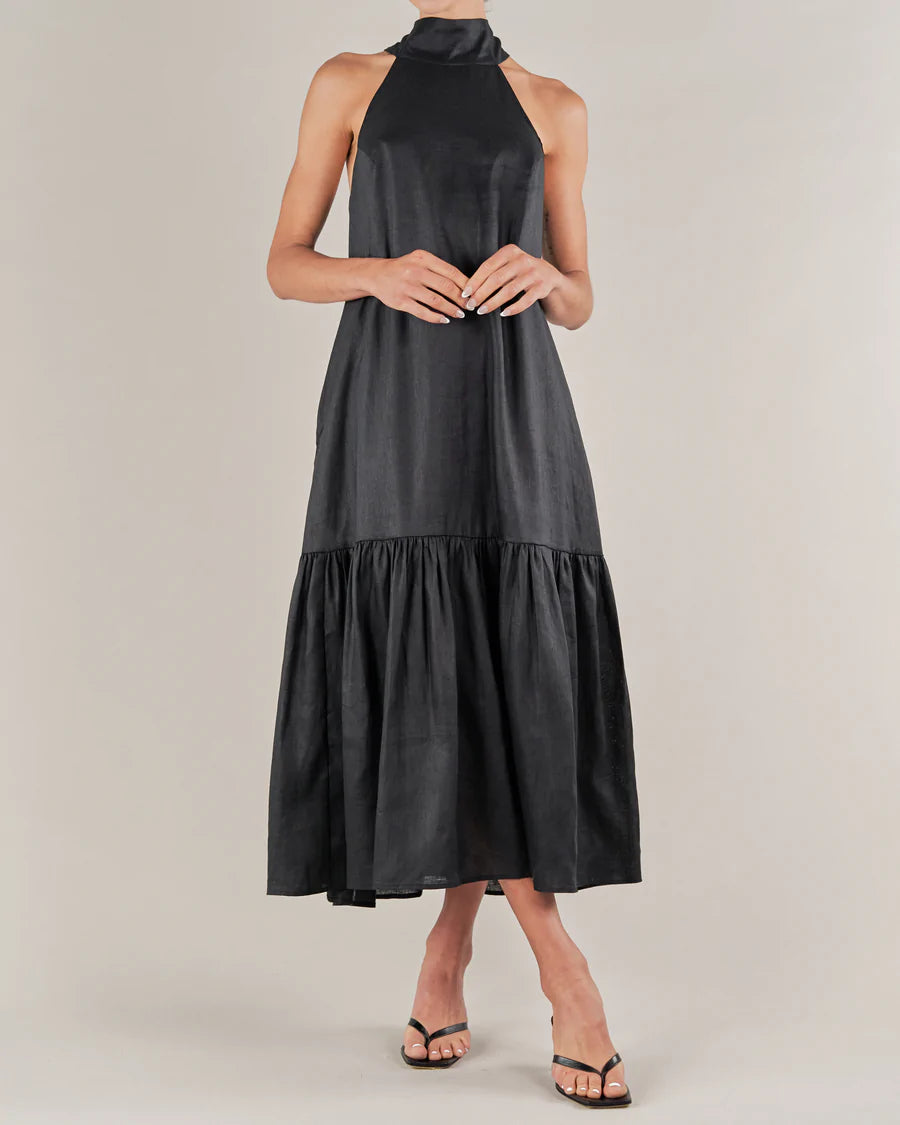Aruba Linen Tie-Neck Dress (Black)