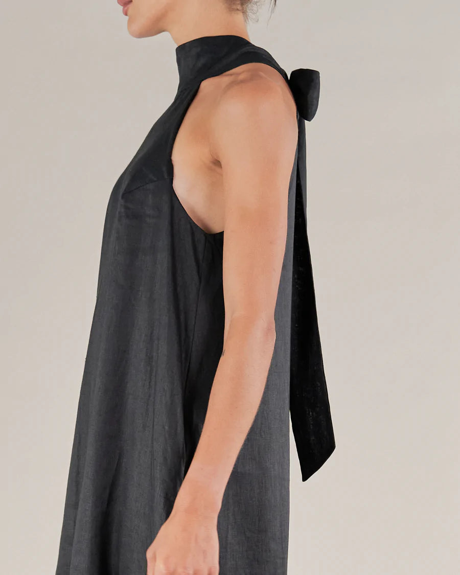 Aruba Linen Tie-Neck Dress (Black)