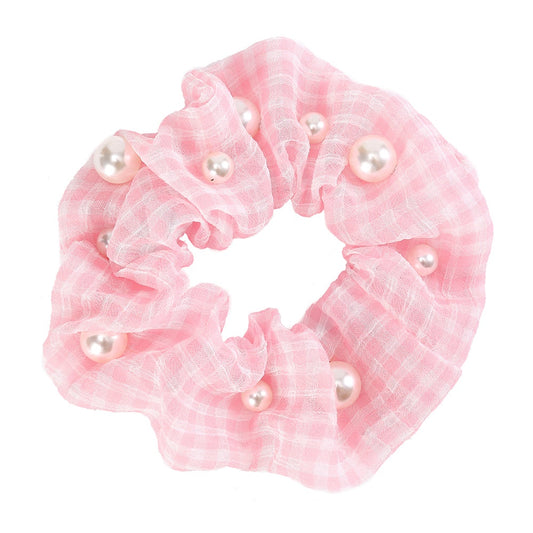 Bree Pearl Gingham Scrunchie (Pink)