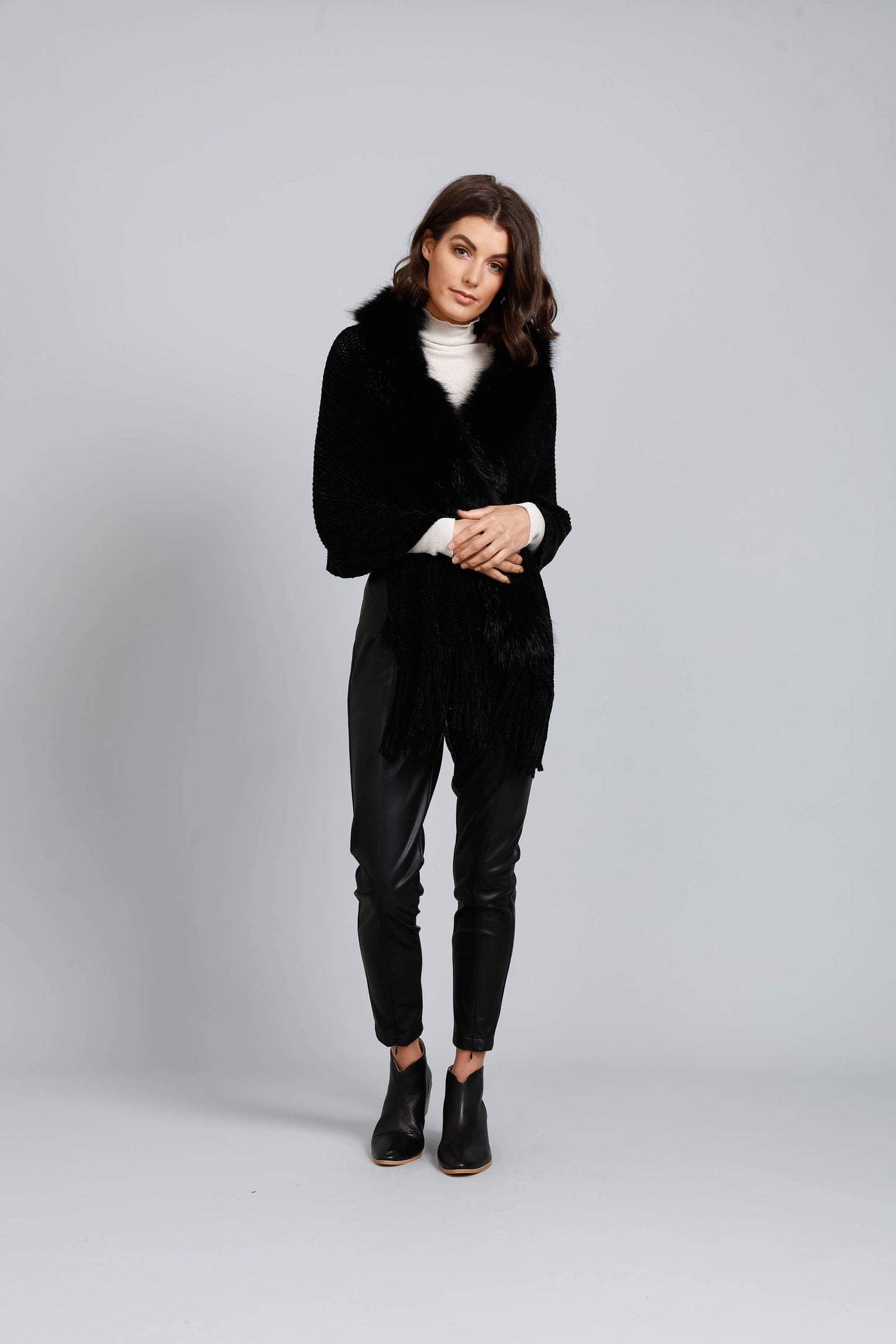 Reece Faux Fur Trim Wrap (Black)