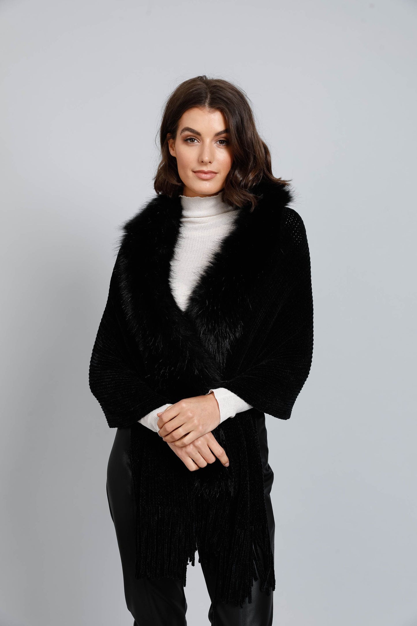 Reece Faux Fur Trim Wrap (Black)