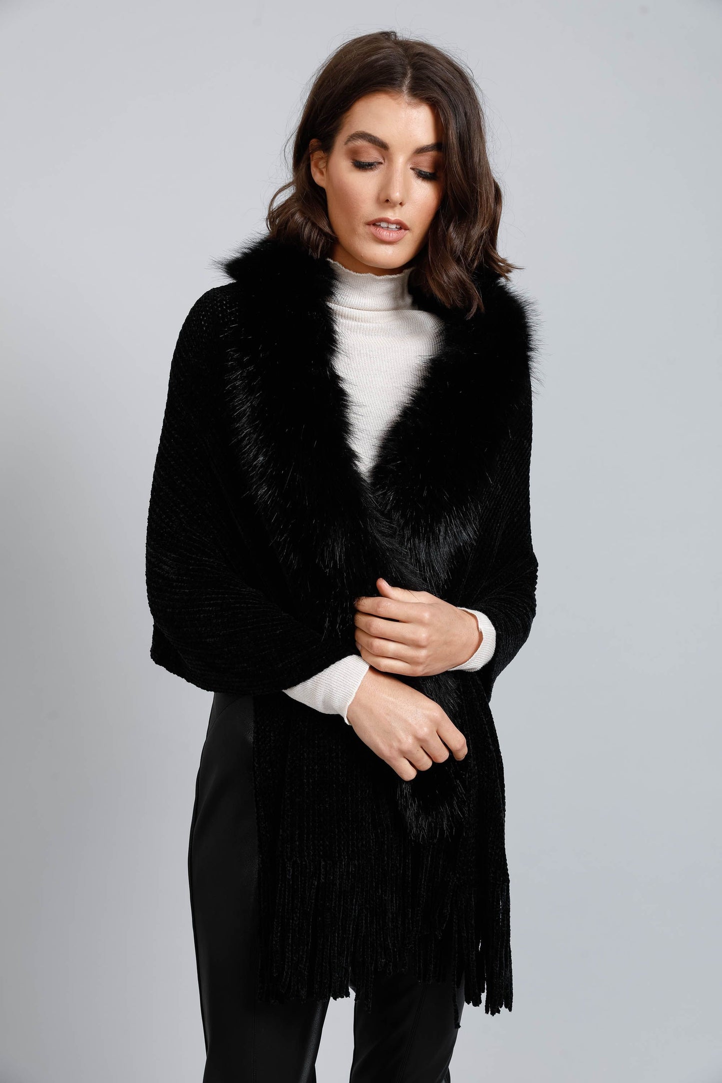 Reece Faux Fur Trim Wrap (Black)