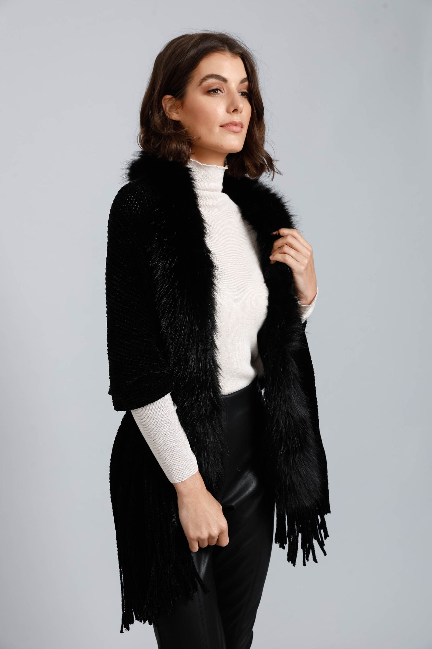 Reece Faux Fur Trim Wrap (Black)