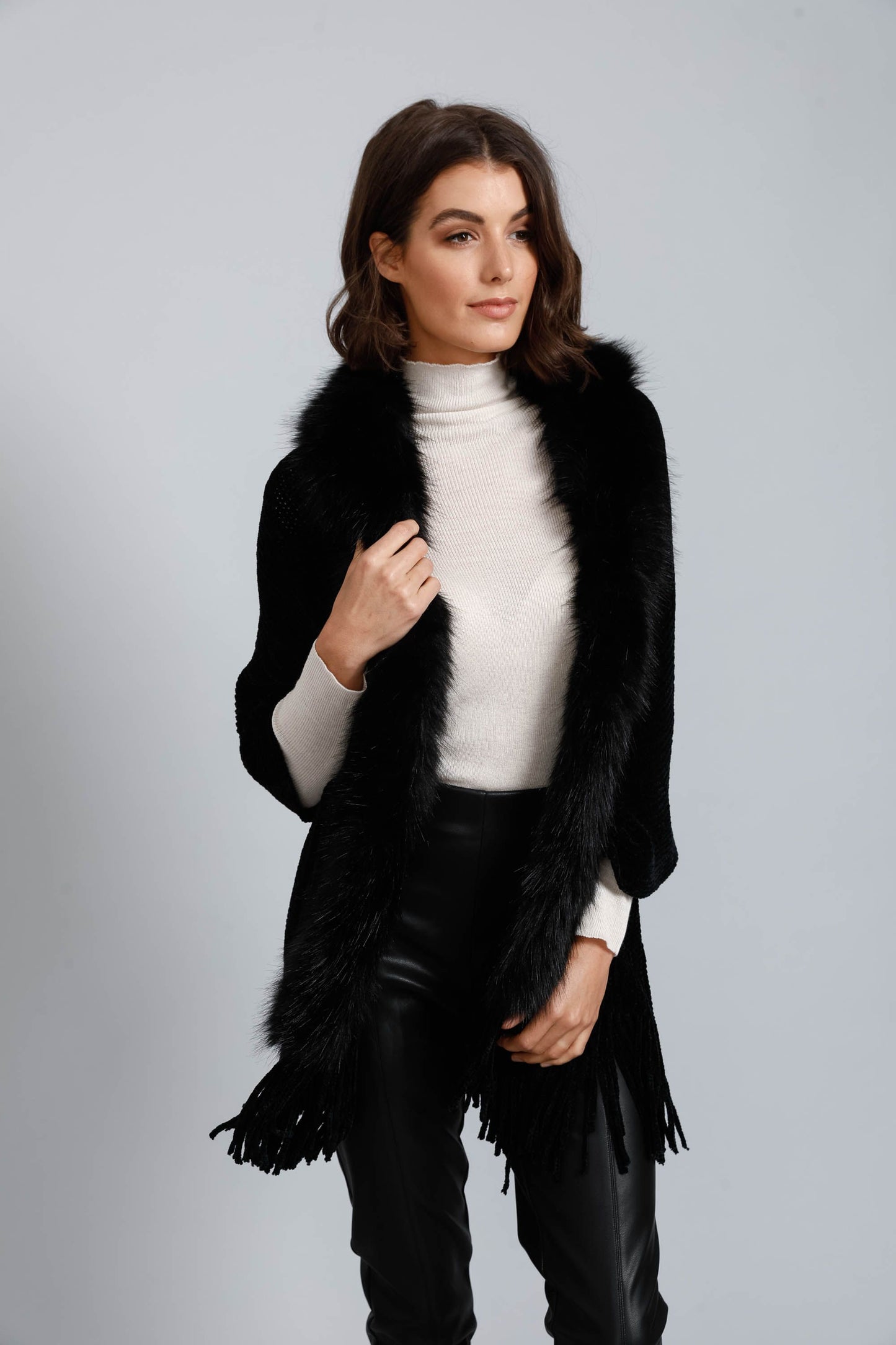 Reece Faux Fur Trim Wrap (Black)