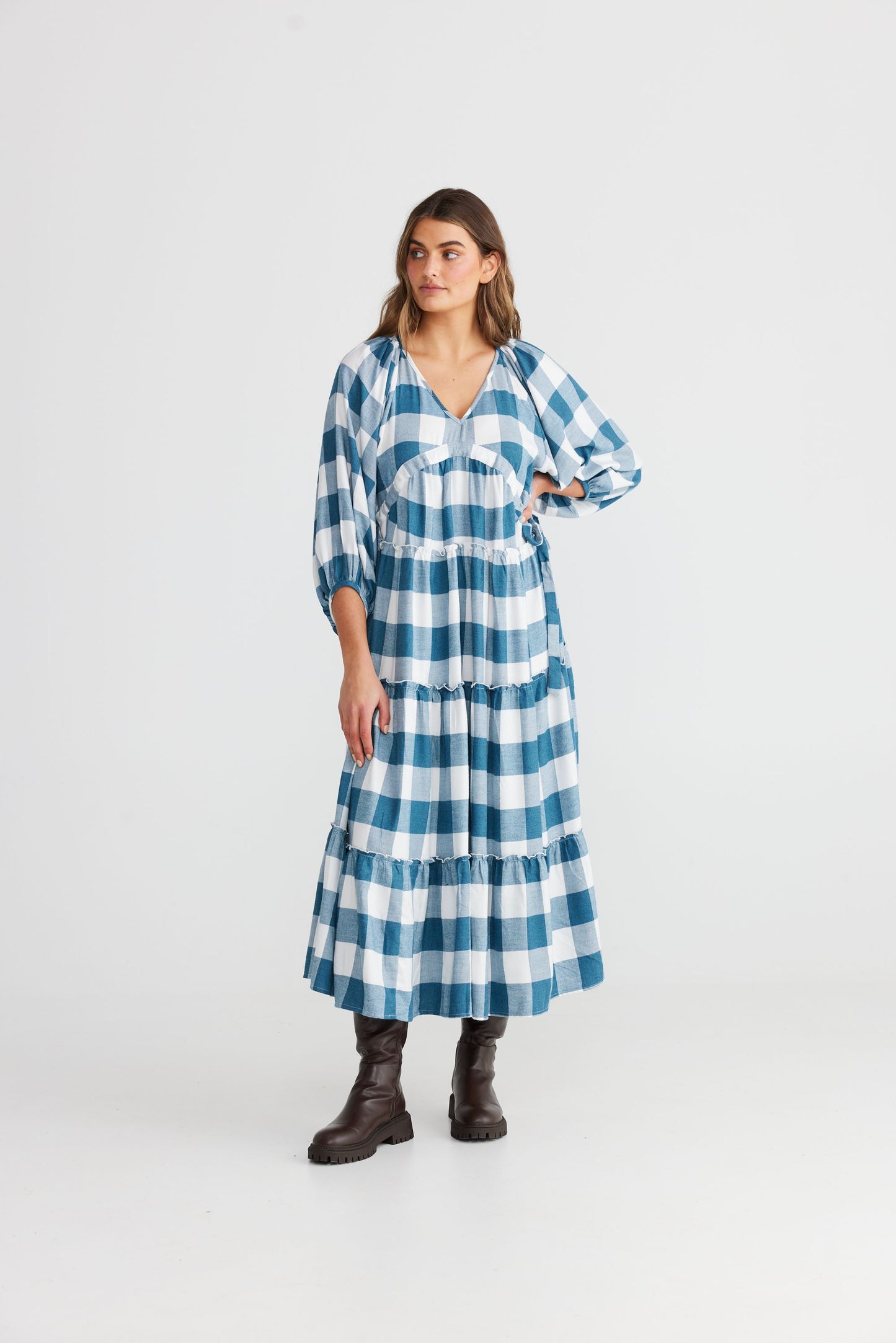 Wing and a Prayer Maxi Dress (Blue Steel Check)